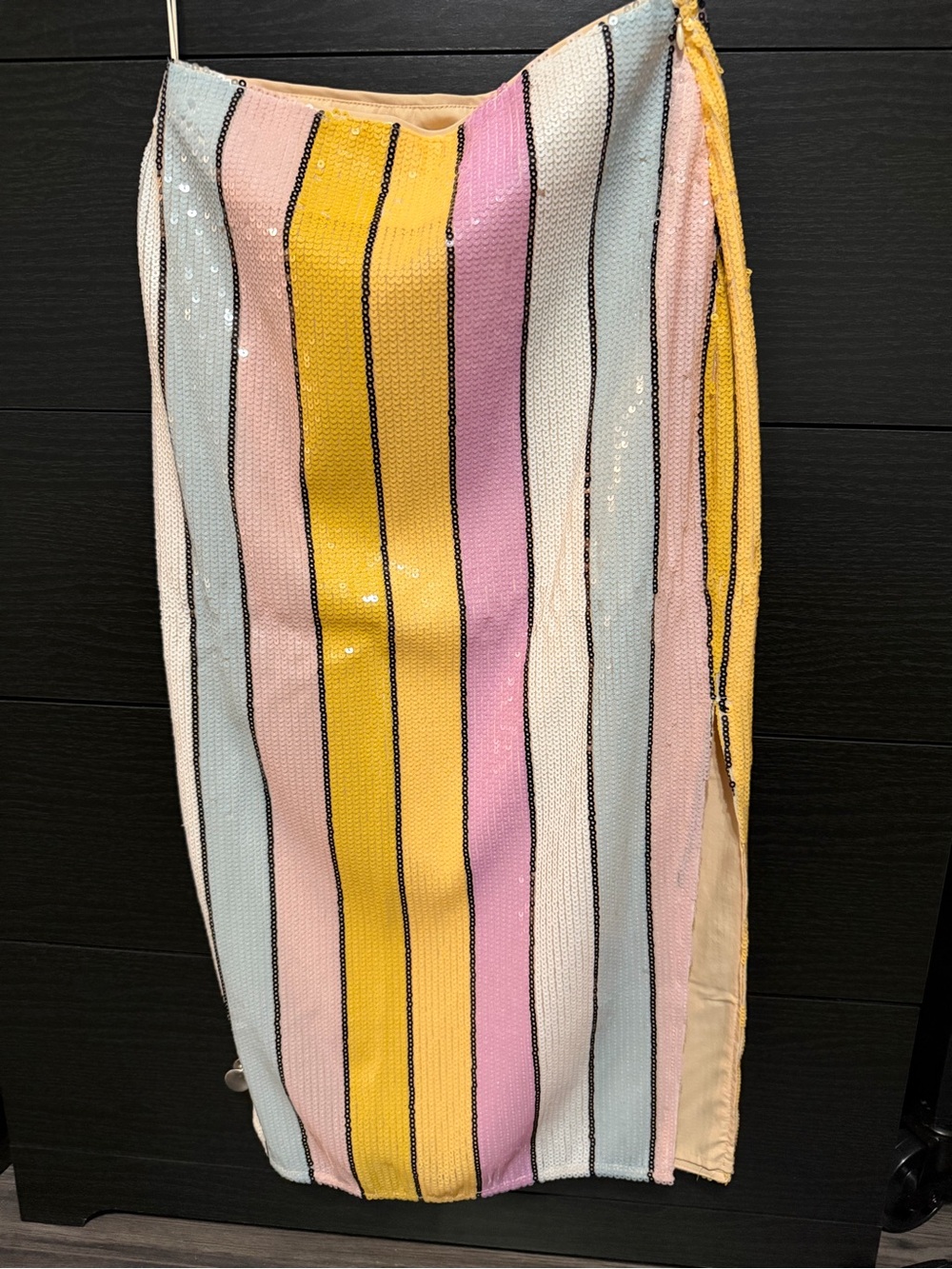 Blue B Striped Pastel Sequin Maxi Skirt - Yellow, Pink & Blue